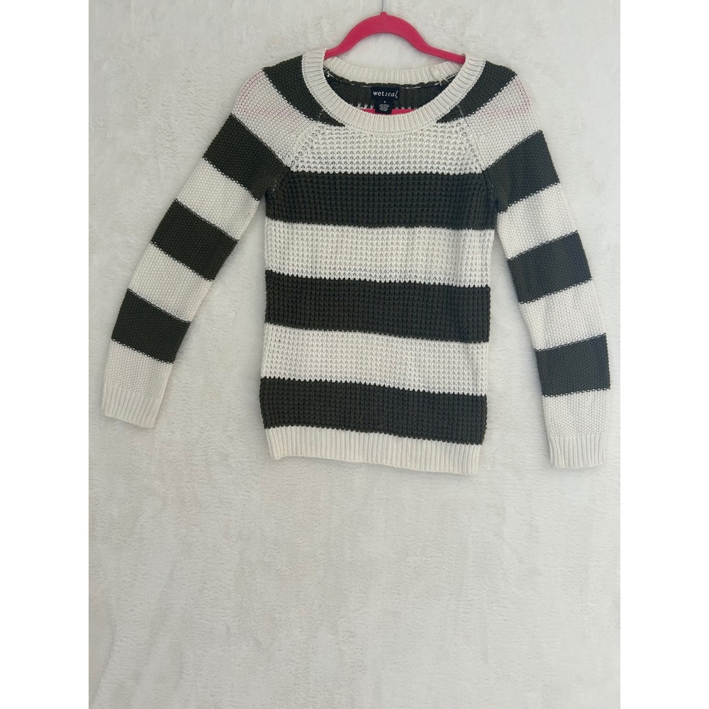 Wet Seal Sweater Womens Small Olive Green Cream Striped Waffle Knit Long Sleeve